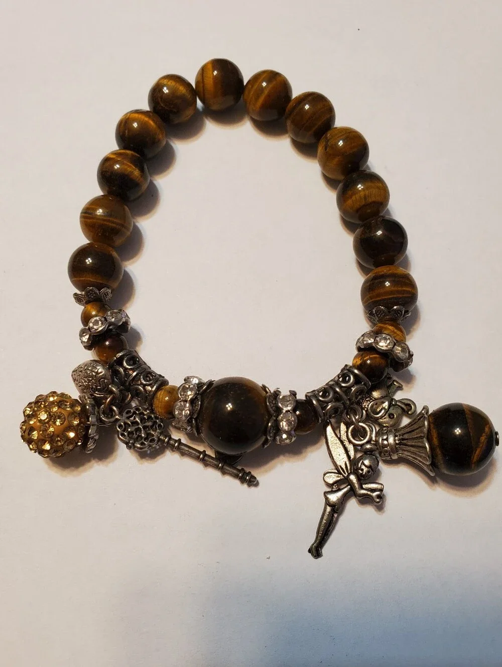 Womens Faux Tiger's Eye Stretchy Beaded Charm Bracelet‎ Brown & Gold